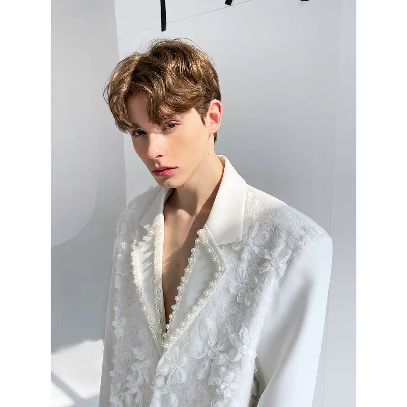 3D Jacquard Pearl Collar Suit Jacket - Image 3