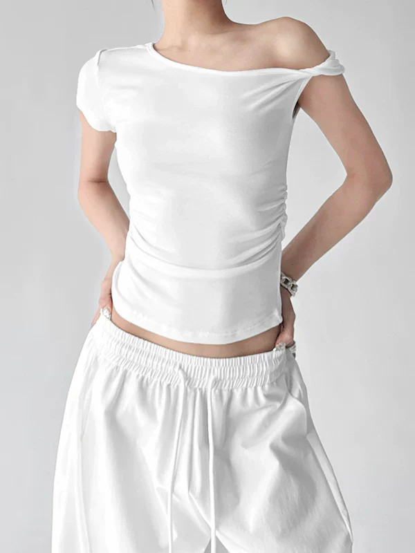 Asymmetric Off-Shoulder Short Sleeve Top - Image 7