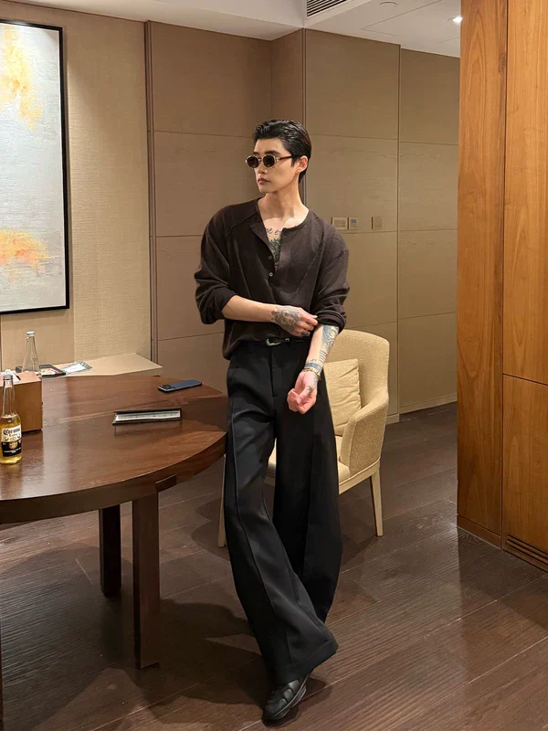 Asymmetrical Button V-Neck Knit Pullover - Image 2