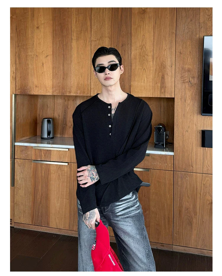 Asymmetrical Button V-Neck Knit Pullover - Image 9