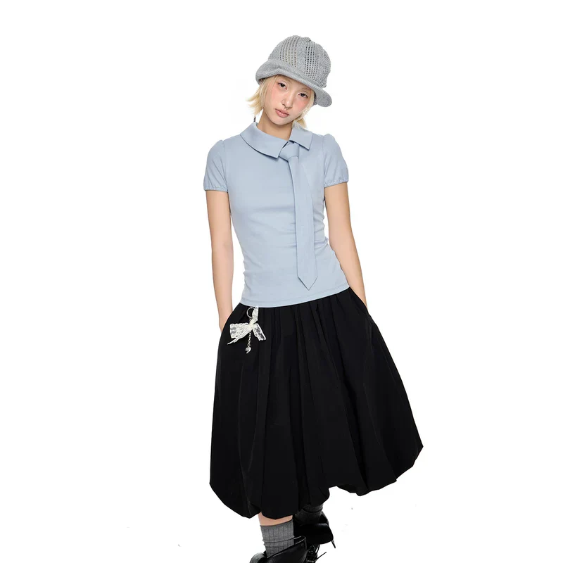 Asymmetrical Neck Puff Sleeve Knit Top - Image 2
