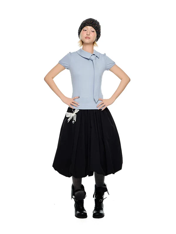 Asymmetrical Neck Puff Sleeve Knit Top - Image 4