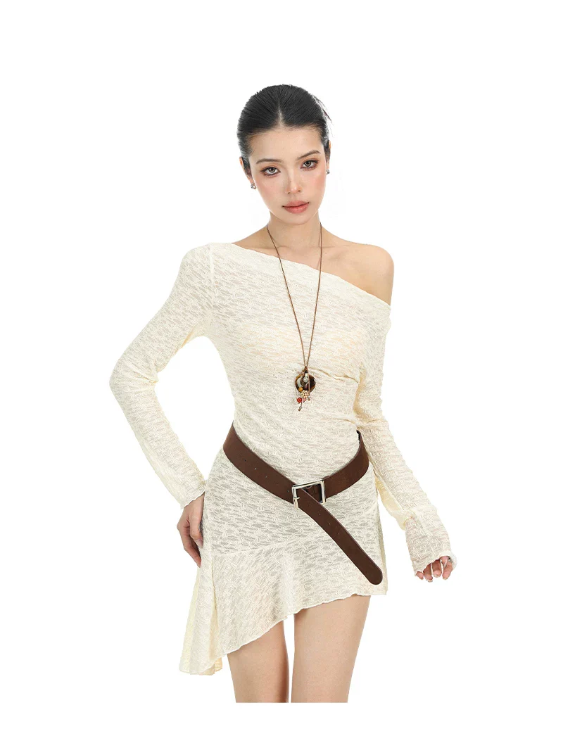 Asymmetrical Off-Shoulder Long Sleeve Dress - Image 3