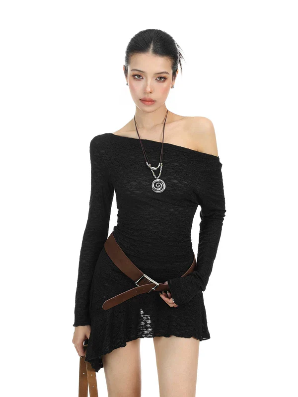 Asymmetrical Off-Shoulder Long Sleeve Dress - Image 4