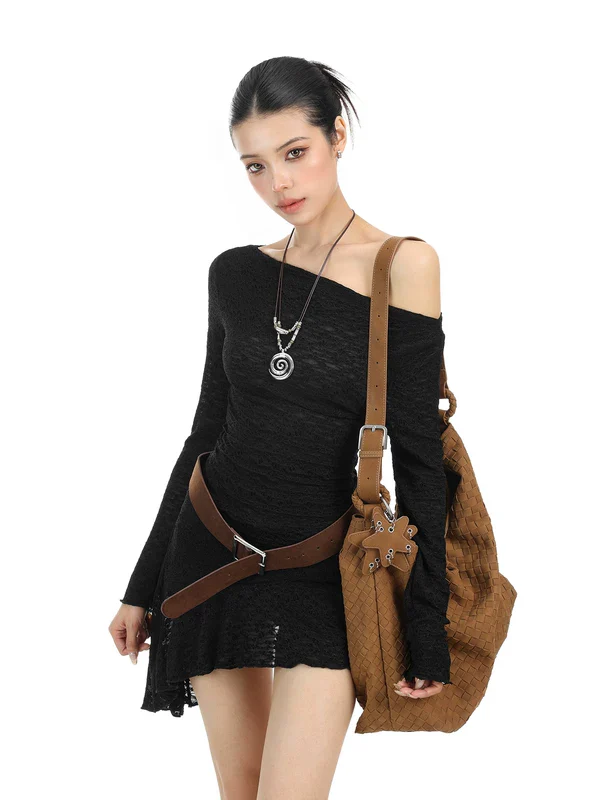 Asymmetrical Off-Shoulder Long Sleeve Dress - Image 6