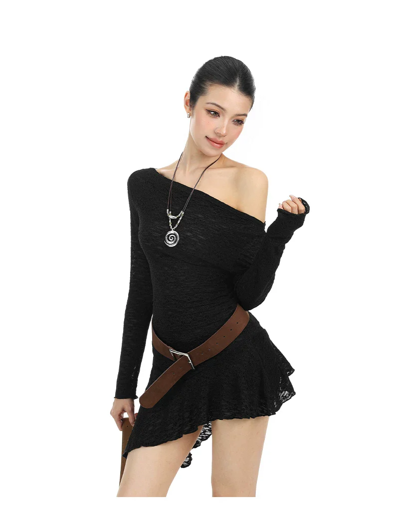 Asymmetrical Off-Shoulder Long Sleeve Dress - Image 8