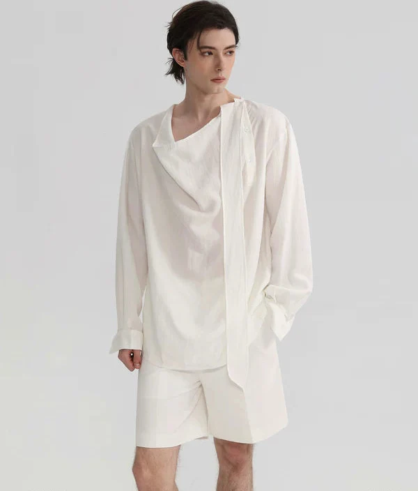 Asymmetrical Placket Draped Ribbon Shirt