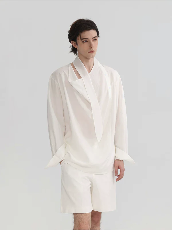 Asymmetrical Placket Draped Ribbon Shirt - Image 2