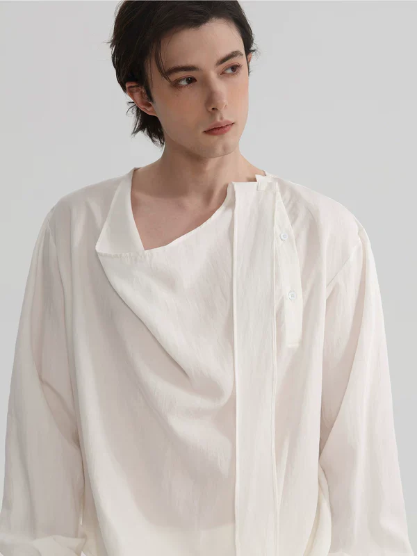 Asymmetrical Placket Draped Ribbon Shirt - Image 3