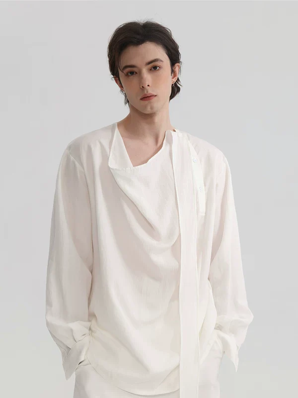 Asymmetrical Placket Draped Ribbon Shirt - Image 4