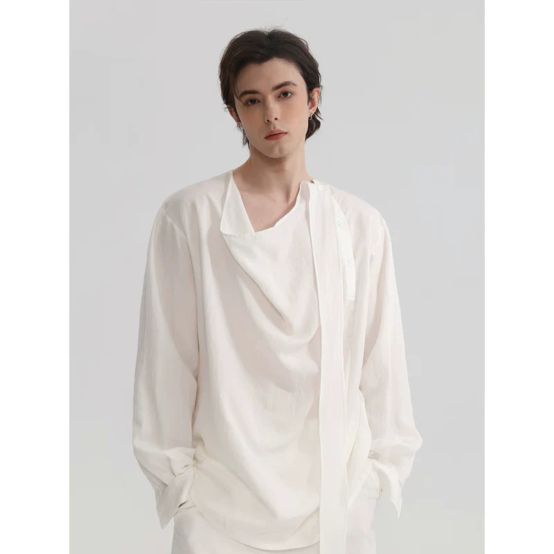 Asymmetrical Placket Draped Ribbon Shirt - Image 5