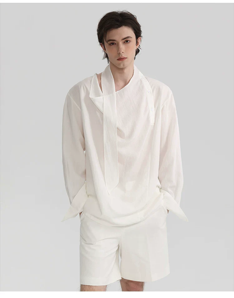 Asymmetrical Placket Draped Ribbon Shirt - Image 6