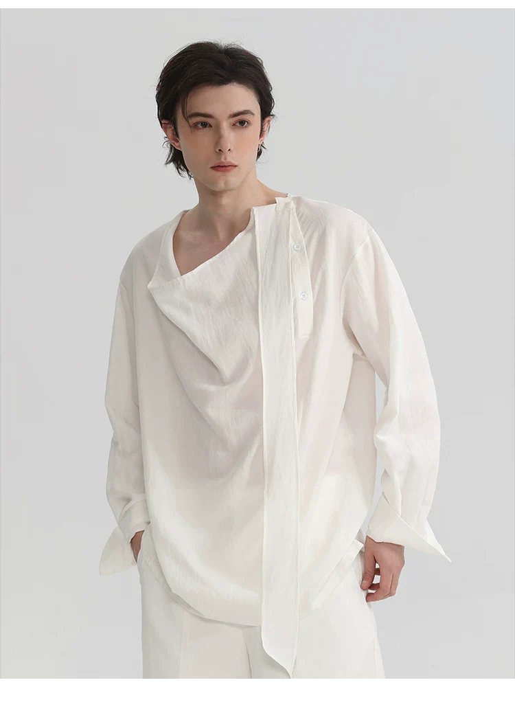 Asymmetrical Placket Draped Ribbon Shirt - Image 7