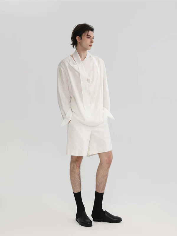 Asymmetrical Placket Draped Ribbon Shirt - Image 9
