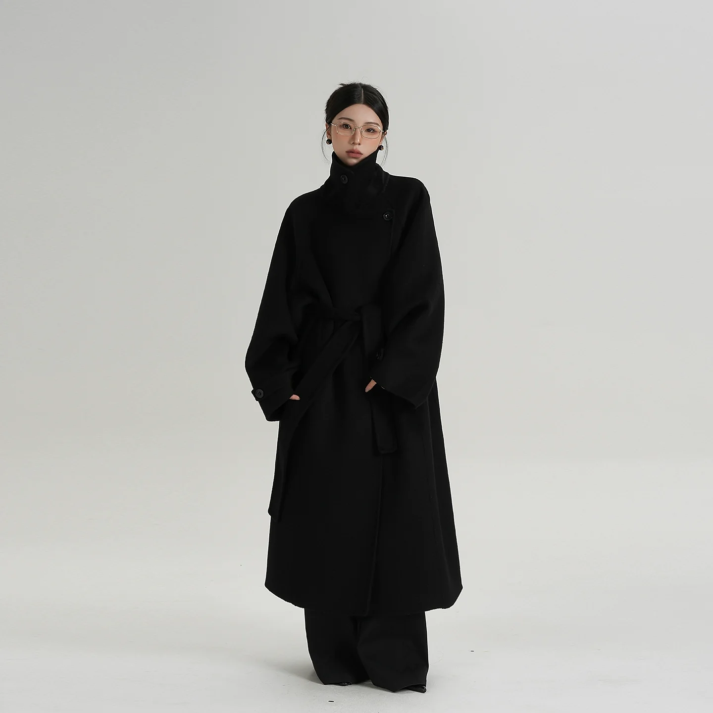 Belted Stand Collar Long Wool Coat - Image 2