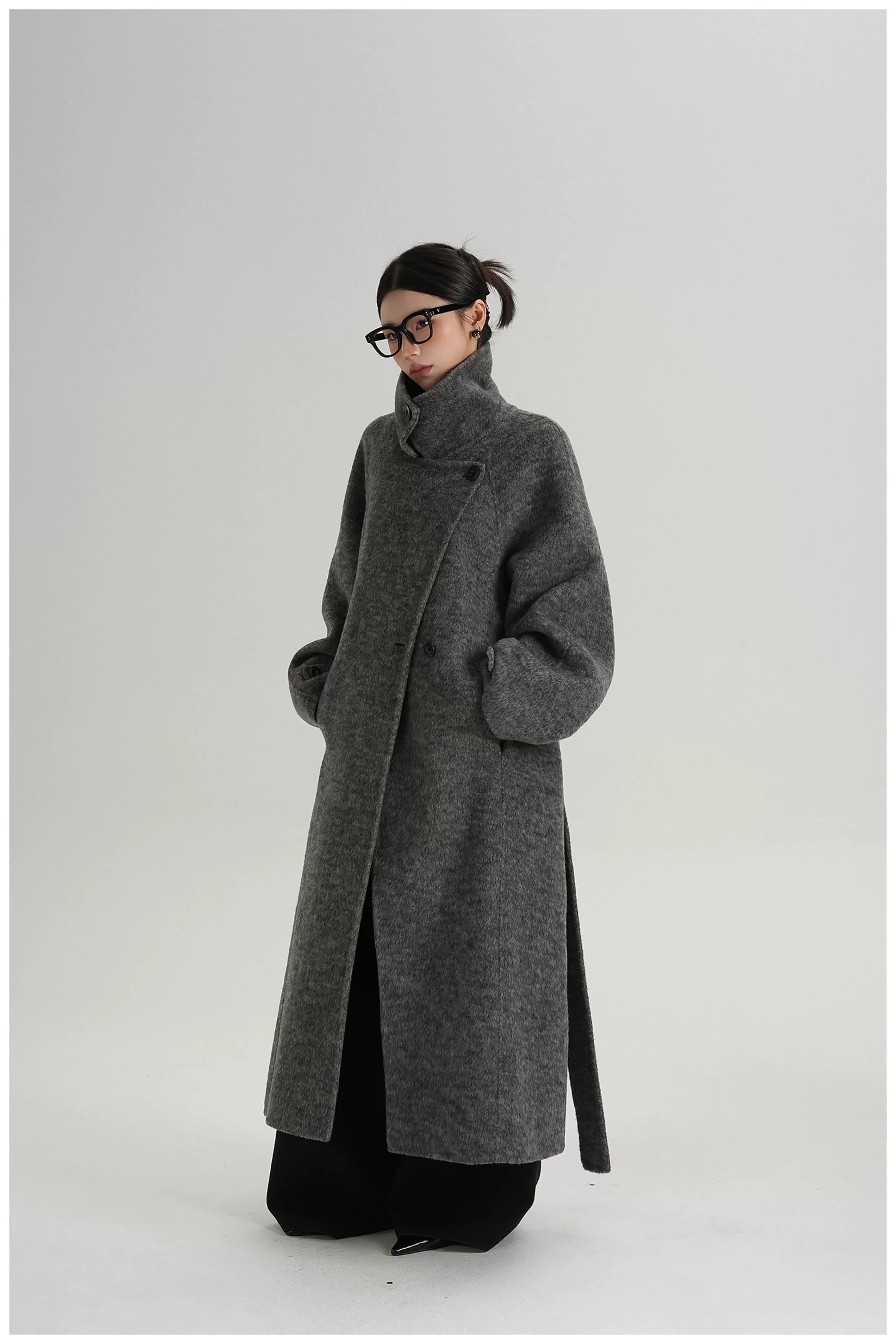 Belted Stand Collar Long Wool Coat - Image 3