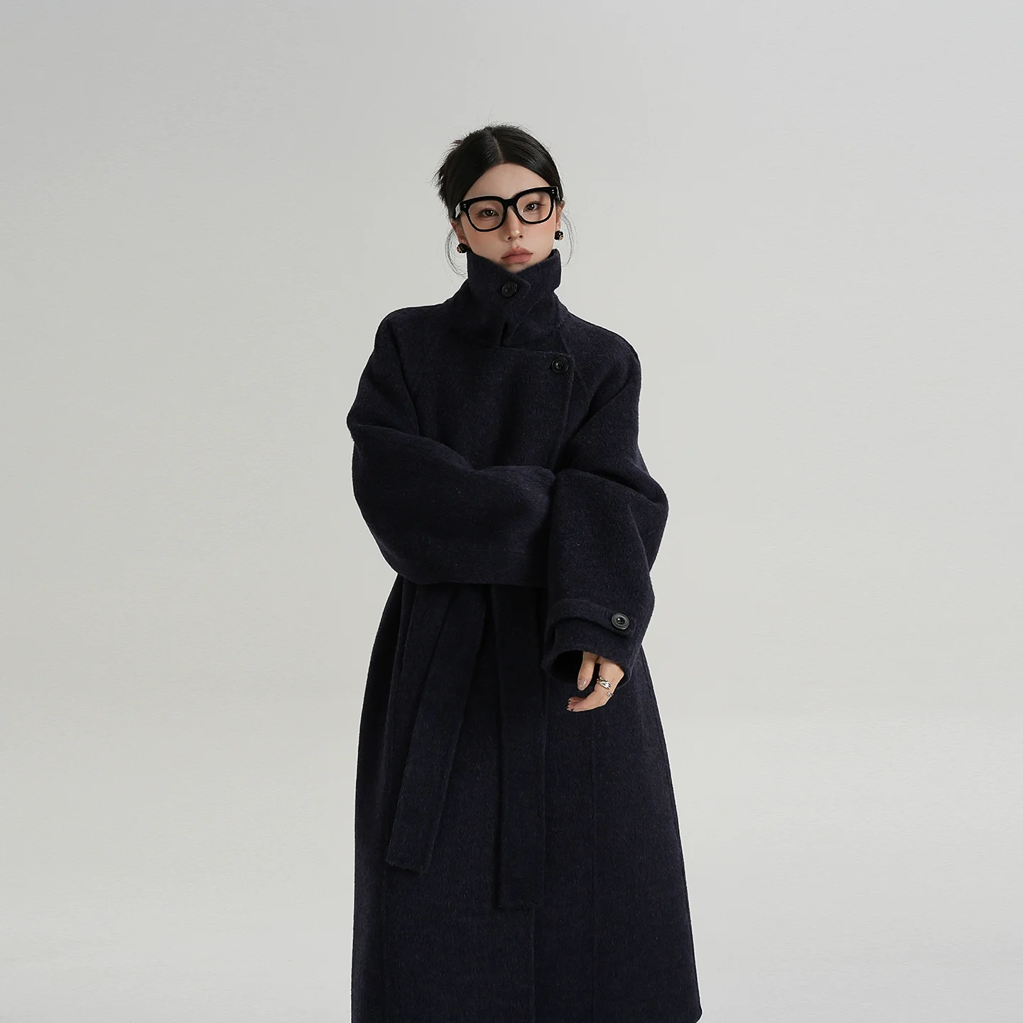 Belted Stand Collar Long Wool Coat - Image 4