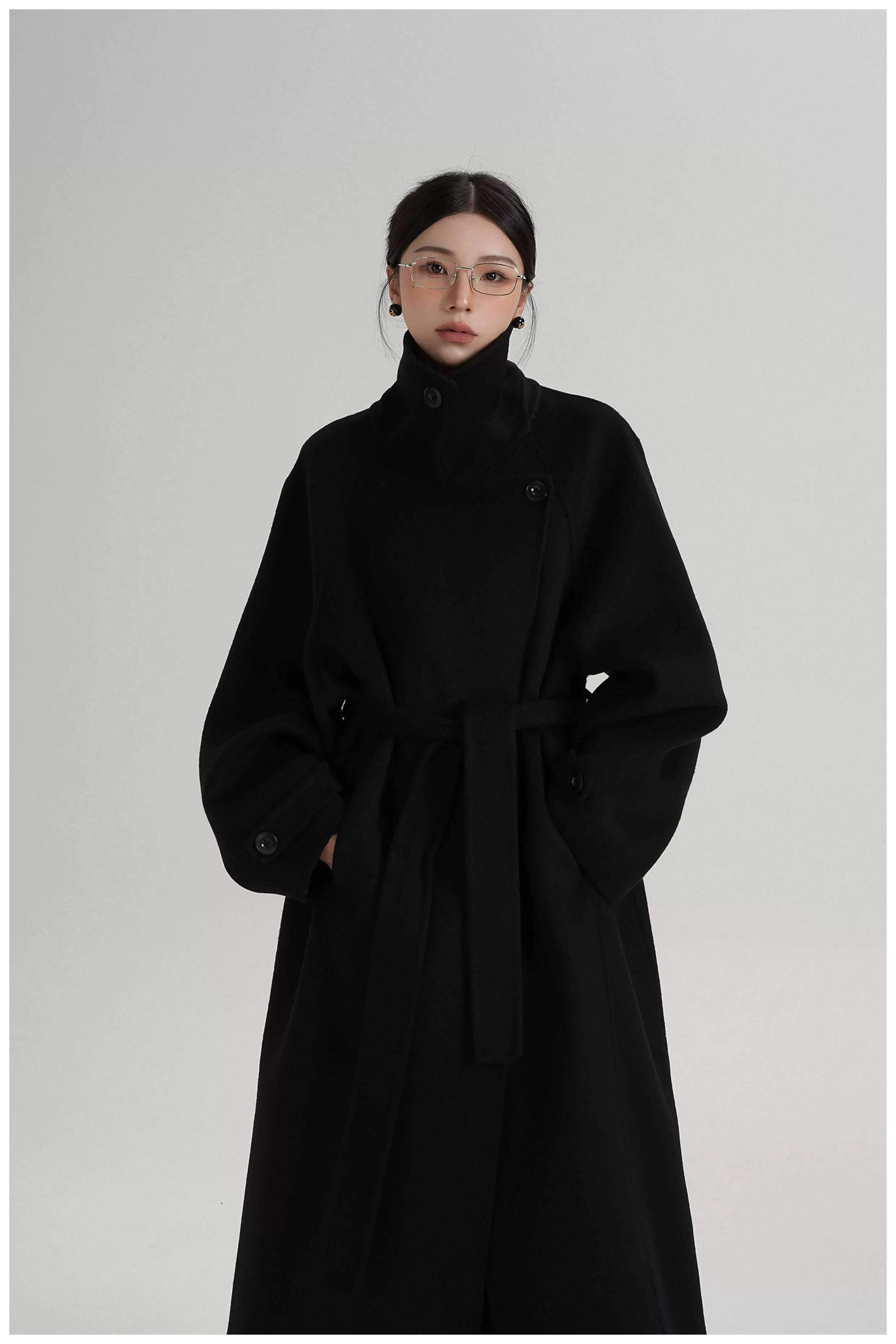 Belted Stand Collar Long Wool Coat - Image 5