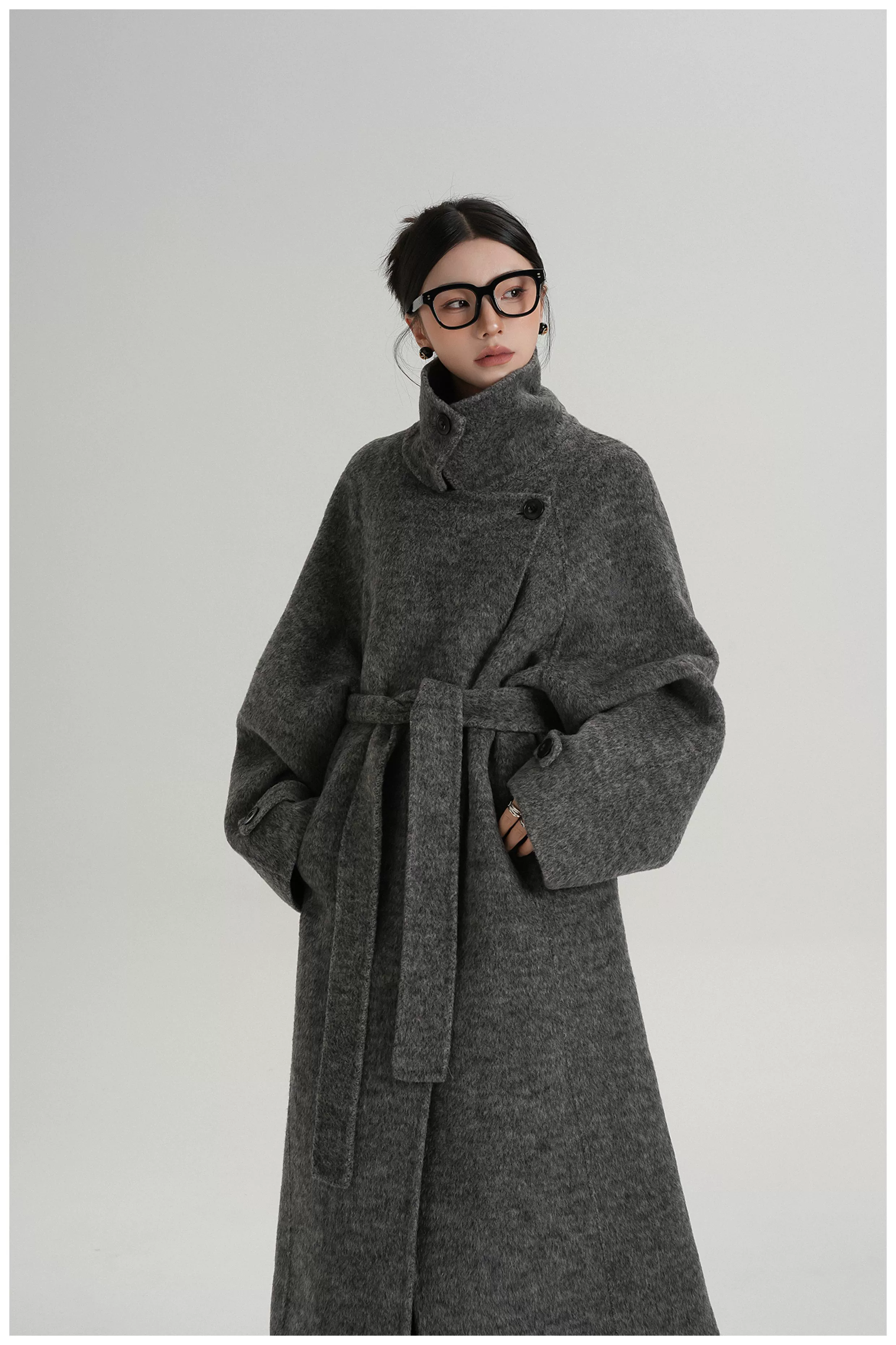 Belted Stand Collar Long Wool Coat - Image 7