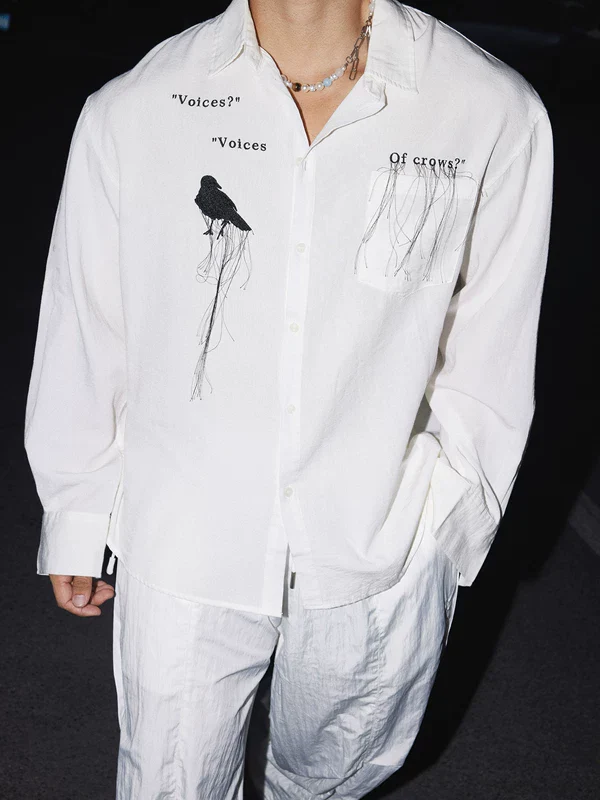 Bird Embroidery Loose-Fit Long Sleeve Shirt - Image 5