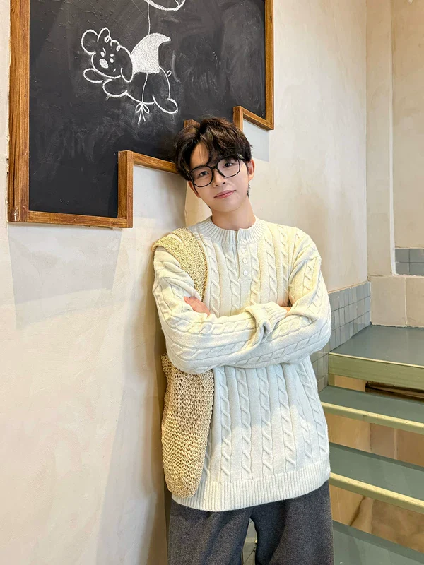 Button-Down Henley Cable Knit Sweater - Image 6