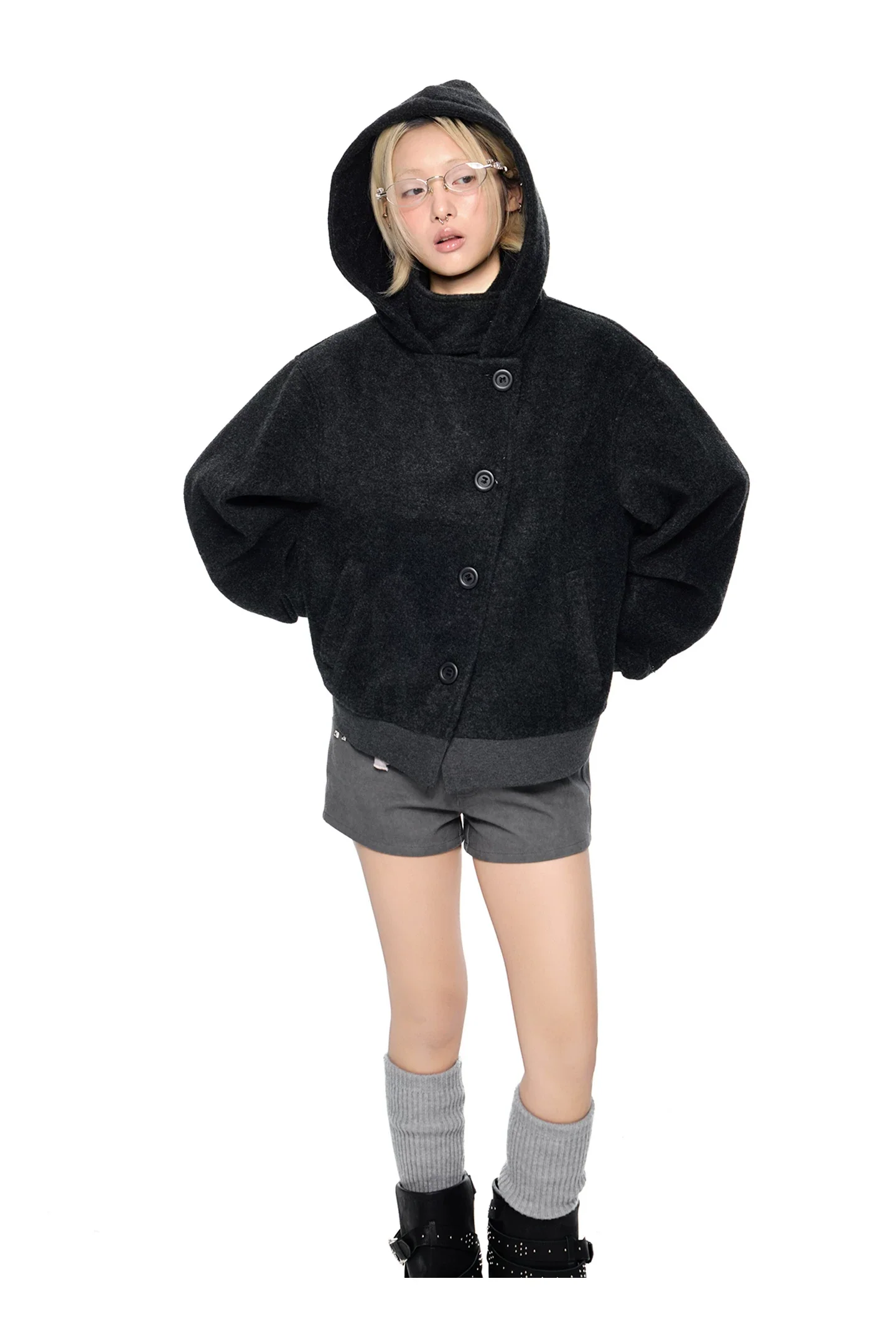 Button-Down Wool Hooded Short Jacket