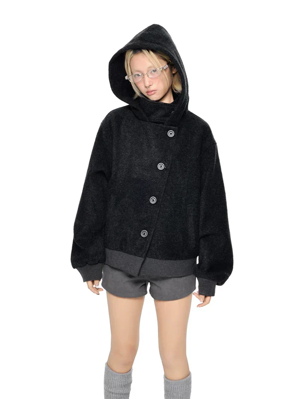Button-Down Wool Hooded Short Jacket - Image 2