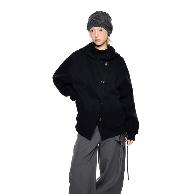 Button-Down Wool Hooded Short Jacket - Image 4