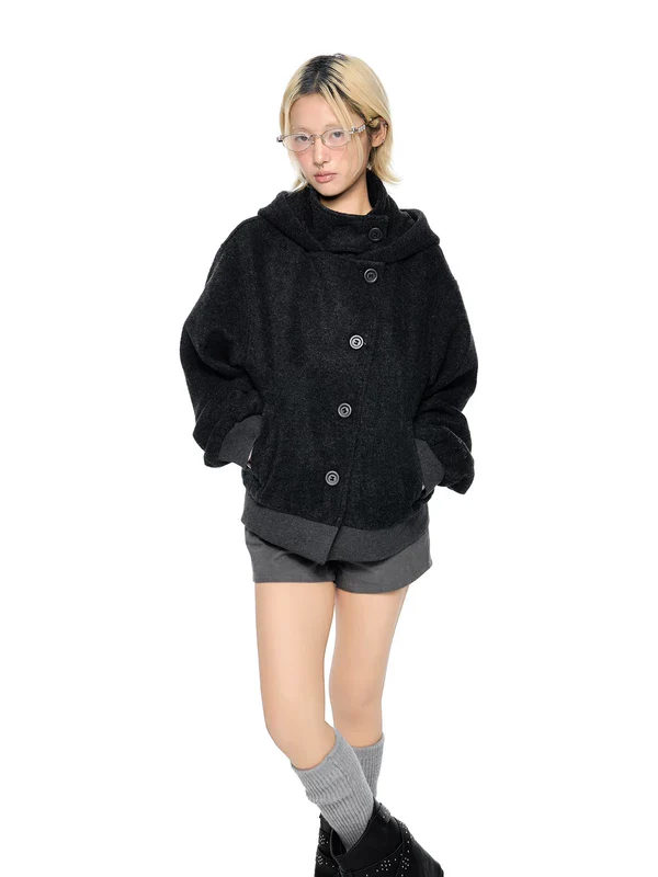 Button-Down Wool Hooded Short Jacket - Image 5