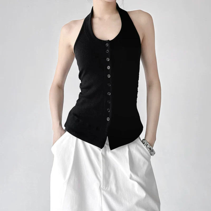 Button Front Slim Fit Halter Tank Top