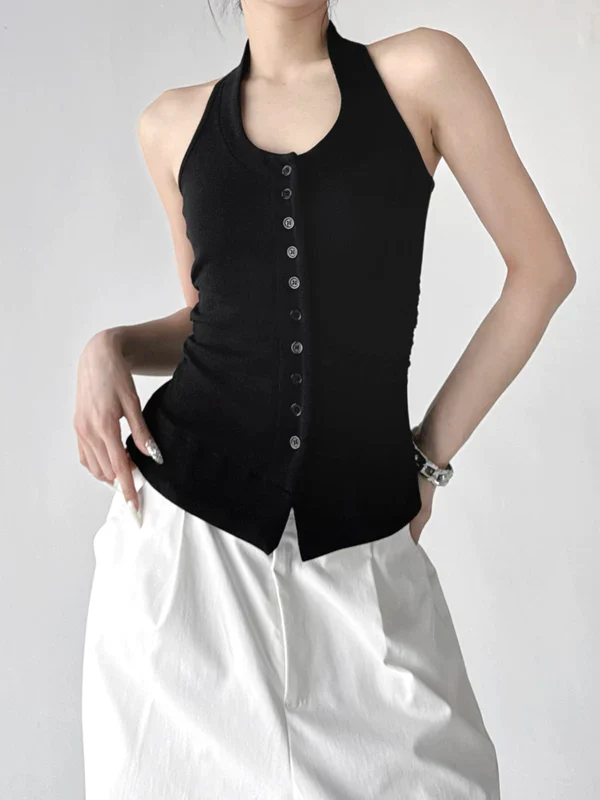 Button Front Slim Fit Halter Tank Top - Image 11