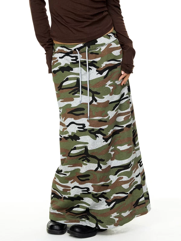 Camouflage Drawstring A-Line Maxi Skirt