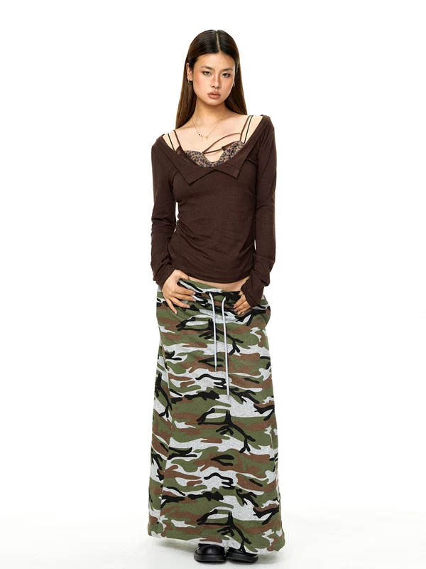 Camouflage Drawstring A-Line Maxi Skirt - Image 4