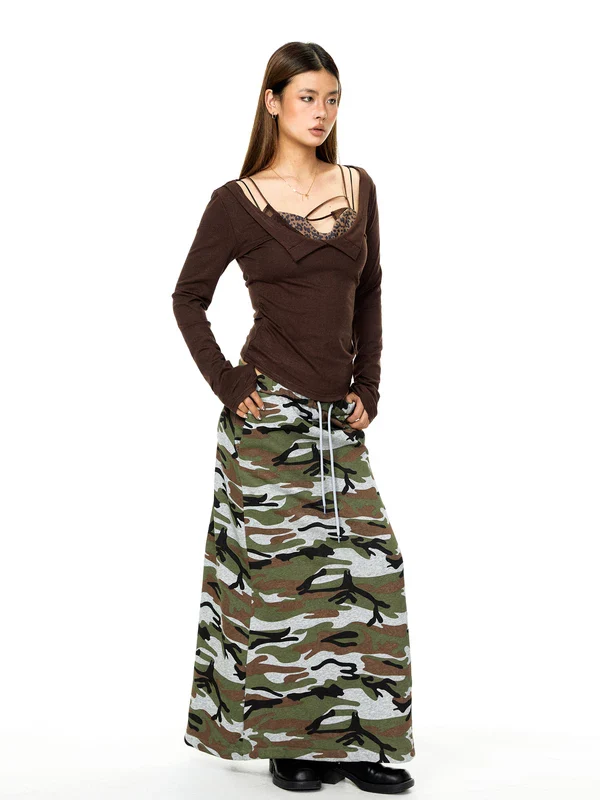 Camouflage Drawstring A-Line Maxi Skirt - Image 5