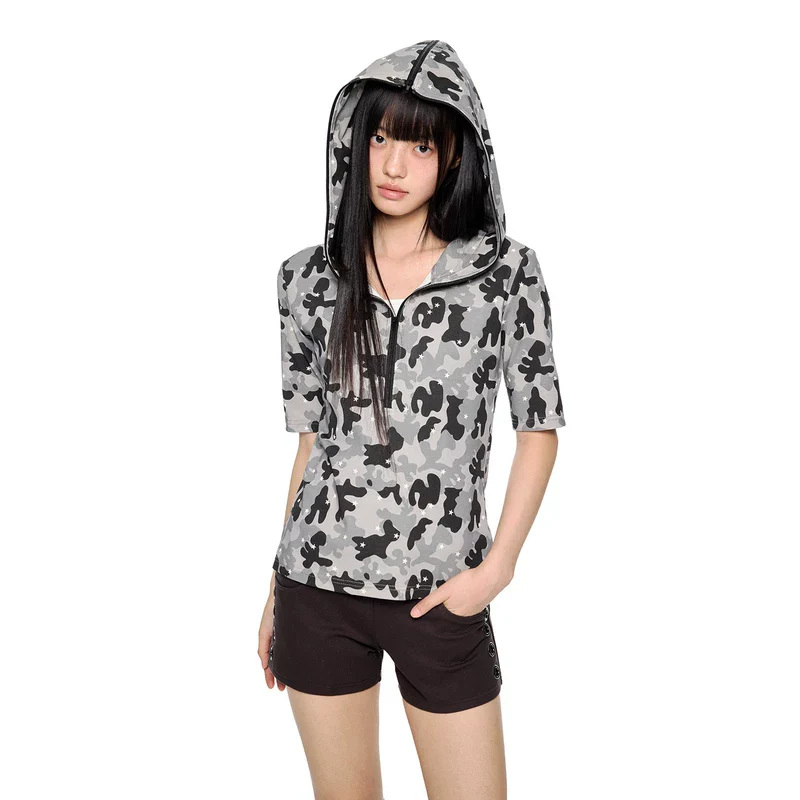 Camouflage Hooded Half Sleeve Pullover