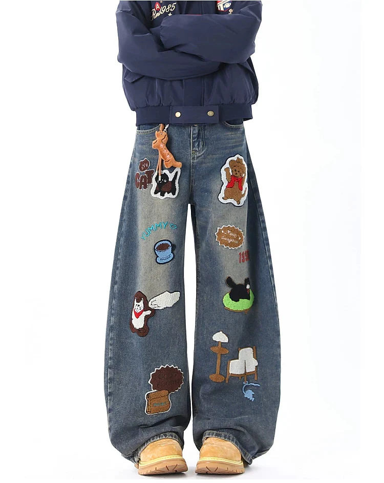 Cartoon Embroidered Wide-Leg Jeans - Image 5