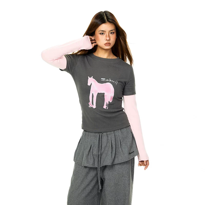 Cartoon Pony Print Faux Layered T-Shirt