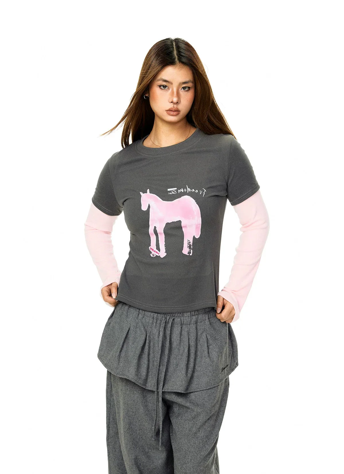 Cartoon Pony Print Faux Layered T-Shirt - Image 4