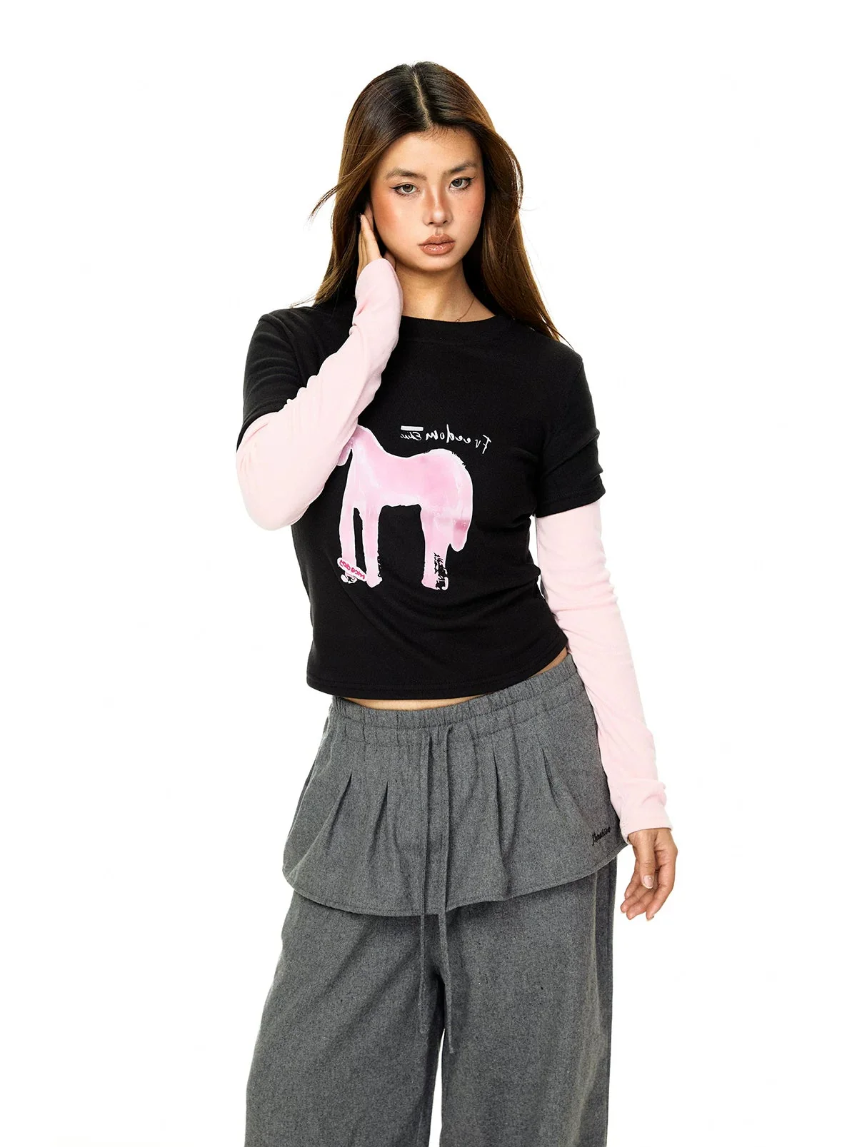 Cartoon Pony Print Faux Layered T-Shirt - Image 5