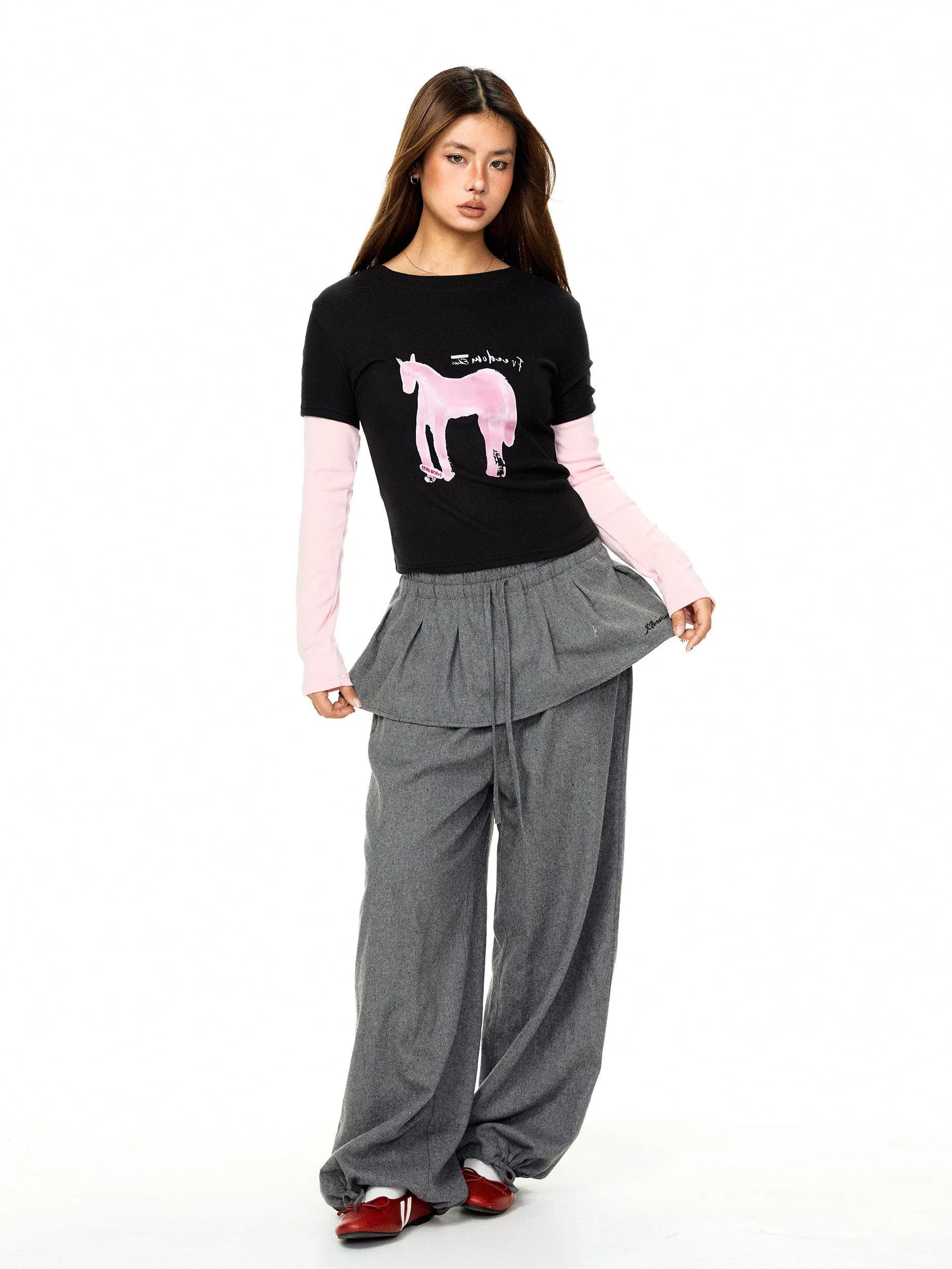 Cartoon Pony Print Faux Layered T-Shirt - Image 6