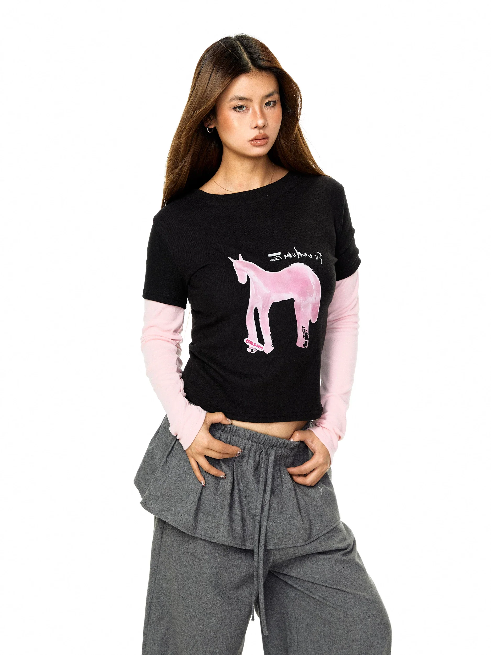 Cartoon Pony Print Faux Layered T-Shirt - Image 7