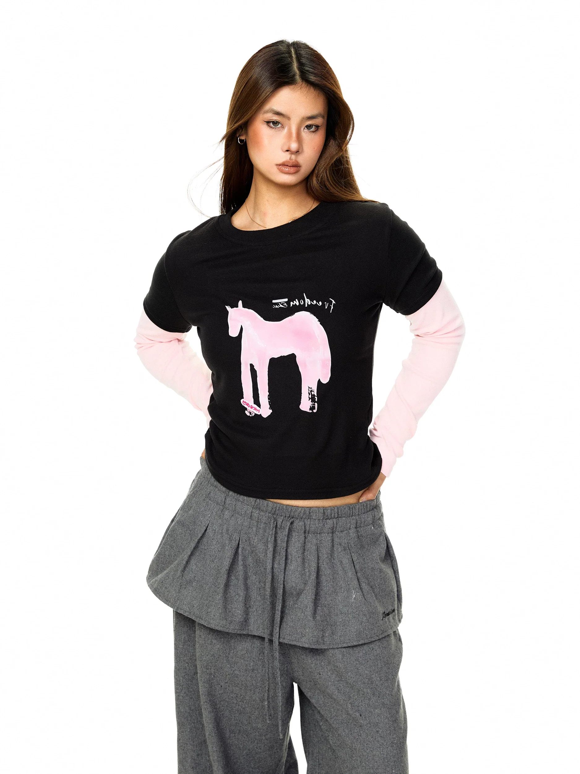 Cartoon Pony Print Faux Layered T-Shirt - Image 8