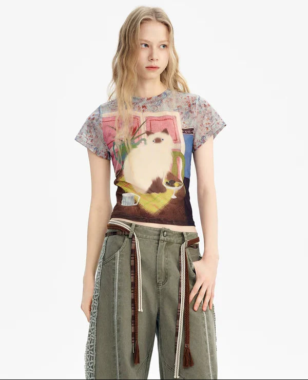 Cat Mural Print Lightweight Short-Sleeve T-Shirt