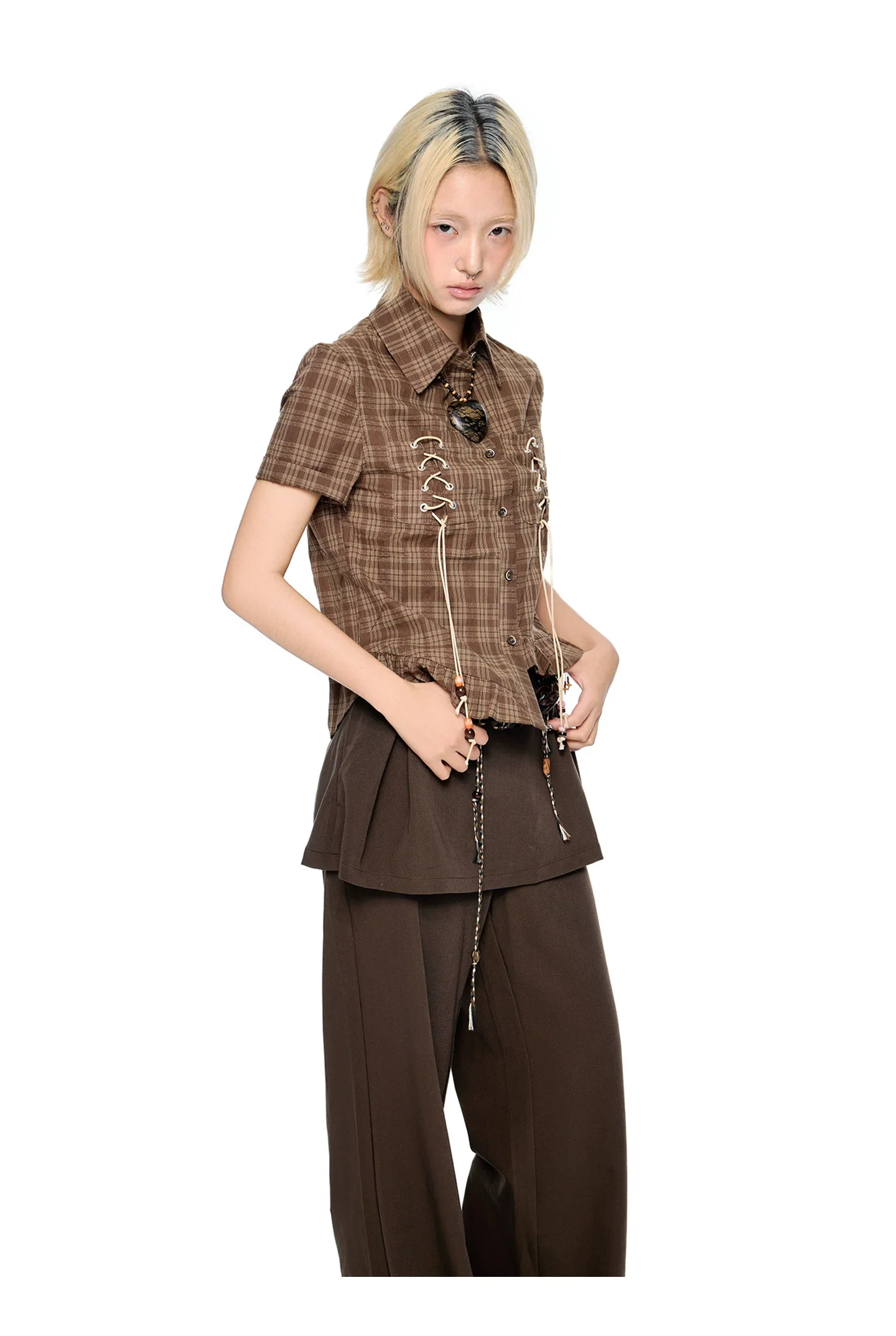 Checkered Drawstring Hem Short-Sleeve Shirt - Image 3
