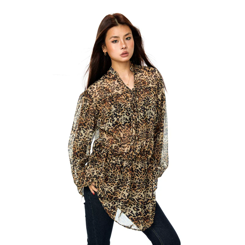 Chiffon Leopard Print Waist-Cinching Dress