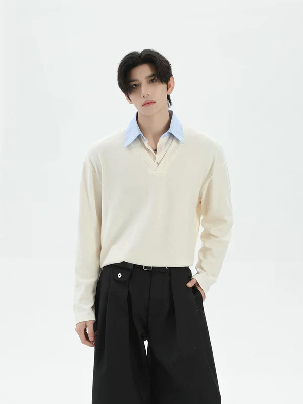 Collared Knit Long Sleeve Casual T-Shirt