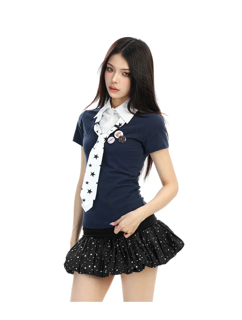 Star Tie Collared Short-Sleeve Shirt