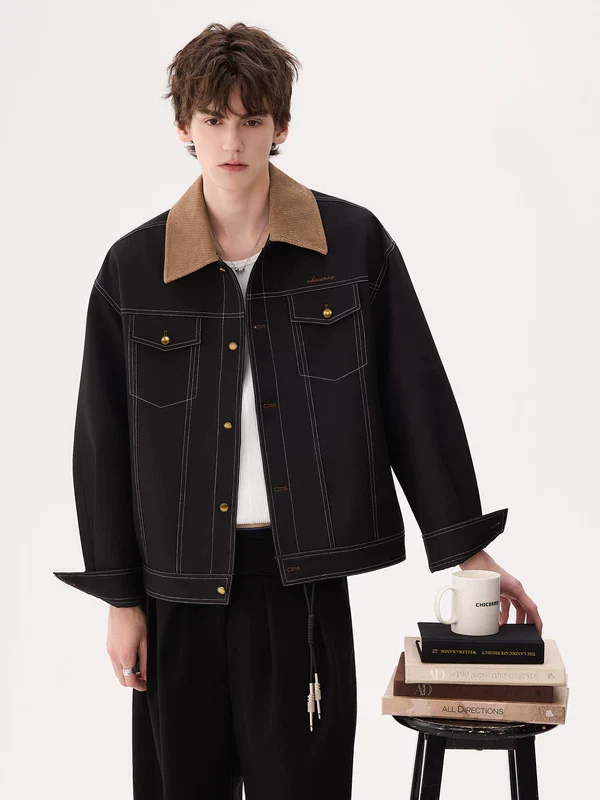 Colorblock Collar Denim Jacket - Image 3