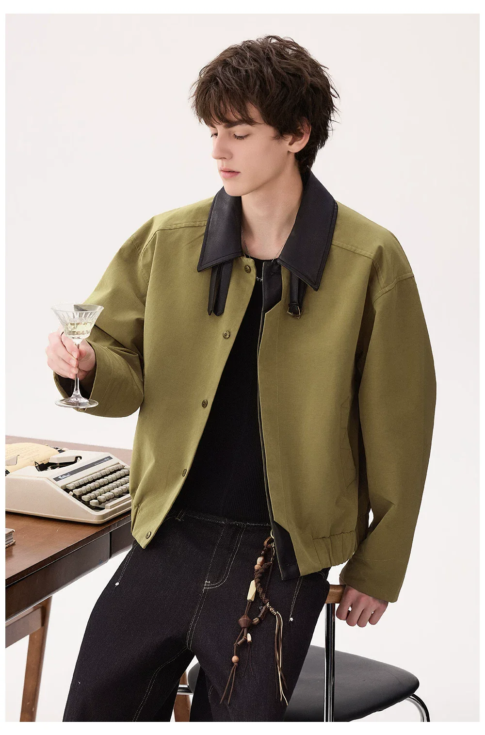 Colorblock Collar Leather Jacket - Image 3