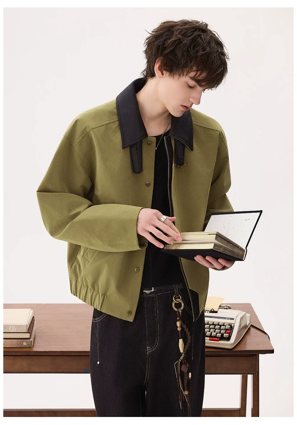 Colorblock Collar Leather Jacket - Image 7